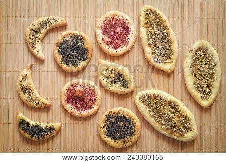 Scones With Herbs Spices On A Bamboo Napkin. Top View. Arabic Cuisine.