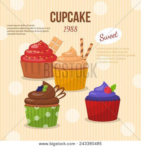 Cartoon Set Of Cupcakes With Different Delicious Stuffing. Card. Pattern. Vector Illustration.