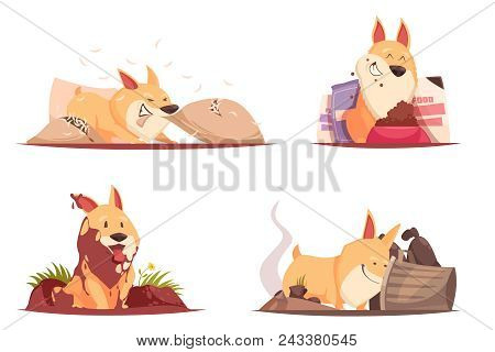 Puppy During Pranks With Pillow, Ground And Trash, Near Bowl With Feed, Design Concept Isolated Vect