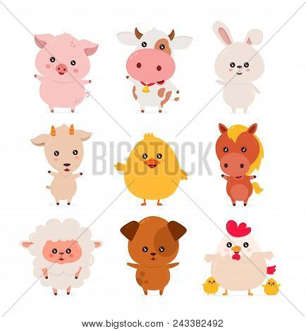 Cute Funny Smiling Happy Farm Animals Set. Vector Flat Cartoon Character Illustration Icon Desgin. I