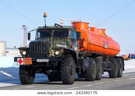 Novyy Urengoy, Russia - March 21, 2013: Semi-trailer Truck Ural 44202 At The Interurban Road.