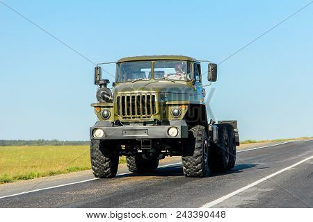 Bashkortostan, Russia - August 19, 2011: Brand New Army Chassis Truck Ural 4320 At The Interurban Ro