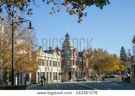 Fremantle, Australia - May 8, 2018; Buildings And Street In Commercial Centre Of Fremantle With Medi