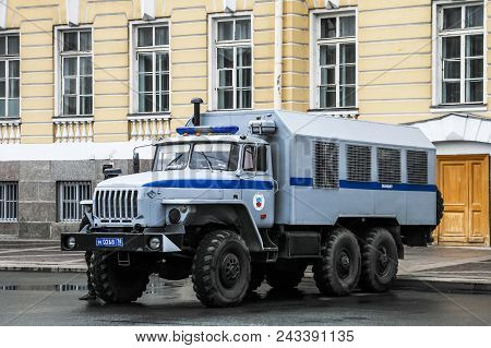 Saint Petersburg, Russia - May 26, 2013: Police Truck Ural 4320 In The City Street.
