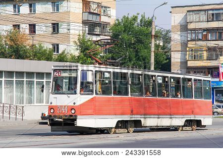 Chelyabinsk, Russia - July 18, 2012: Classic Soviet Tram Model 71-605 (ktm-5) In The City Street.