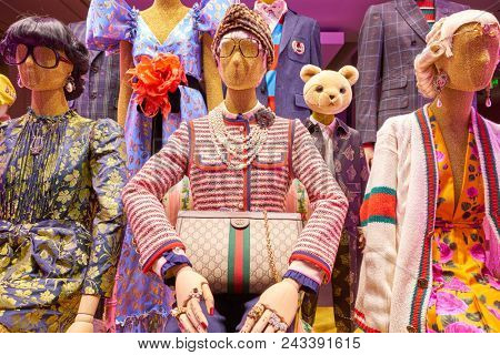 MILAN, ITALY - CIRCA NOVEMBER, 2017: display window at Gucci store in Milan. Gucci is an Italian luxury brand of fashion and leather goods.
