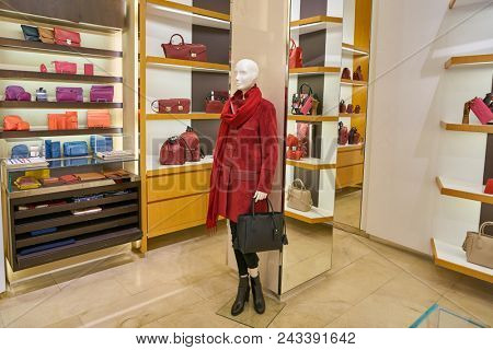 MILAN, ITALY - CIRCA NOVEMBER, 2017: bags on display at a Longchamp store in Milan. Longchamp is a French luxury leather goods company.