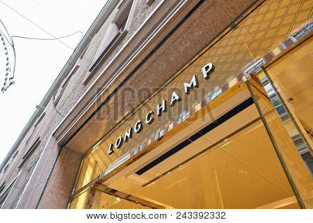 MILAN, ITALY - CIRCA NOVEMBER, 2017: Longchamp sign at a store in Milan. Longchamp is a French luxury leather goods company.