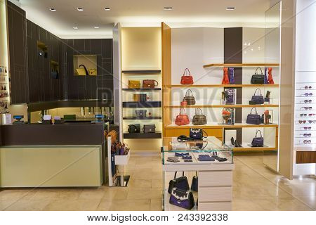 MILAN, ITALY - CIRCA NOVEMBER, 2017: bags on display at a Longchamp store in Milan. Longchamp is a French luxury leather goods company.
