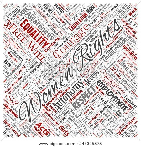 Conceptual women rights, equality, free-will square red word cloud isolated background. Collage of feminism, empowerment, integrity, opportunities, awareness, courage, education, respect concept