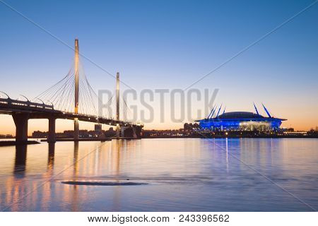Saint Petersburg, Russia - May 29, 2018: Cable-stayed Bridge Over The Petrovsky Fairway And The Spor