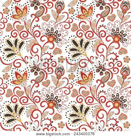 Hand Drawn Flower Seamless Pattern. Colorful Seamless Pattern With Pargeting Grunge Whimsical Flower