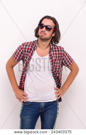 Happy Brunette Male In Sunglassess. Looking Side Away.