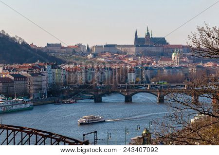 Prague, Czech Republic - April 07, 2018: Aerial View To Vltava River With Pleasure Craft Near Palack