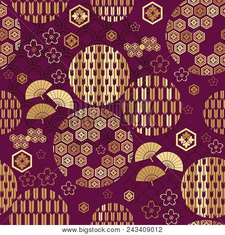 Beautiful Japanese Seamless  Pattern With Clouds, Waves And Flowers. Vector Unique Seamless Asian Te