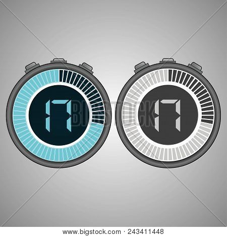 Electronic Digital Stopwatch. Timer 17 Seconds Isolated On Gray Background. Stopwatch Icon Set. Time