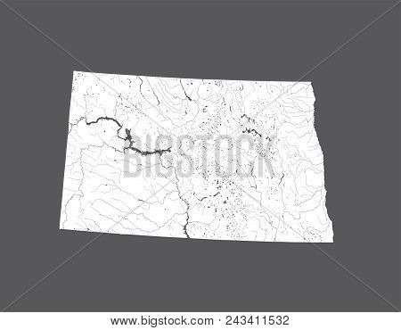 U.s. States - Map Of North Dakota. Hand Made. Rivers And Lakes Are Shown. Please Look At My Other Im
