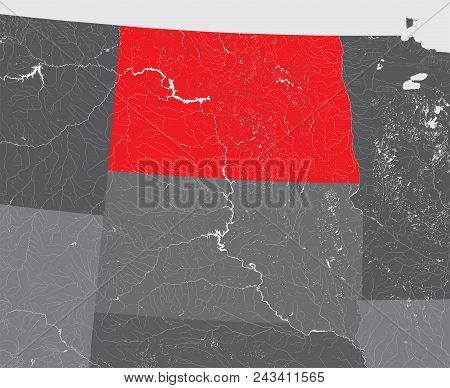U.s. States - Map Of North Dakota. Hand Made. Rivers And Lakes Are Shown. Please Look At My Other Im