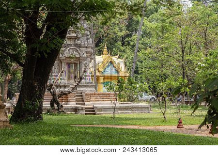 Buddhist Architecture In Wat Damnak Pagoda, Siem Reap, Cambodia. Traditional Khmer Pagoda In Old Par