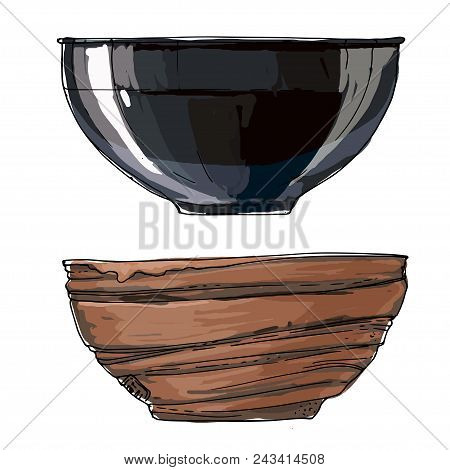 Bowls Of Painted Lines On A White Background. Set Of Dishes. Sketch