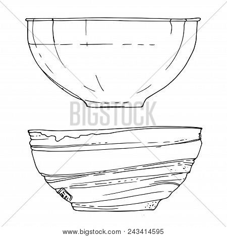 Bowls Of Painted Lines On A White Background. Set Of Dishes. Sketch