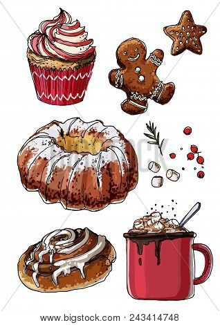 Sketch Christmas Sweets. Baking Drawn Line Is Not White. Color Sketch Of Food. Cake, Cookies, Cocoa,