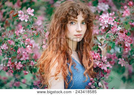 Summer Portrait Of Young Tender Girl, Ginder Hair, Redhead Young Girl With Freckled Skin. Caucasian 