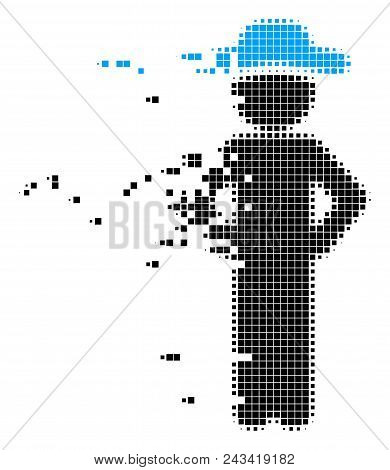 Dissolved Gentleman Akimbo Dotted Vector Icon With Disintegration Effect. Rectangular Items Are Arra