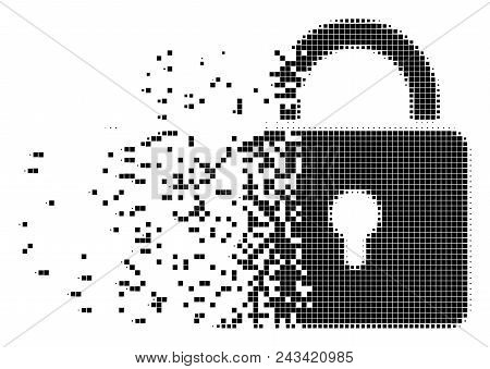 Fractured Lock Dotted Vector Icon With Disintegration Effect. Rectangle Fragments Are Grouped Into D