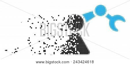 Dissolved Robotics Manipulator Dotted Vector Icon With Disintegration Effect. Square Pixels Are Grou
