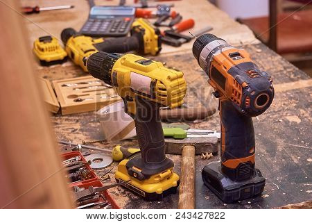 Carpenter's Equipment On Wooden Table