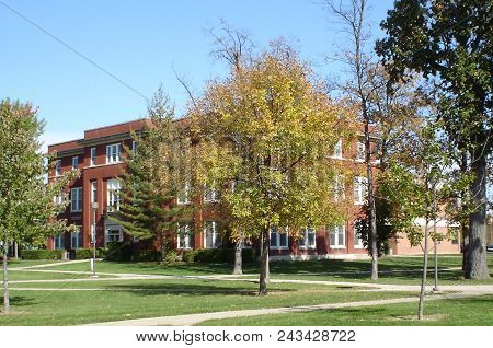 Fall Foliage Around Tenzer Hall Under A Clear Blue Sky, Defiance College, Defiance, Oh, October 19, 