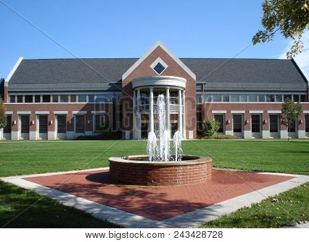 Serrick Center And Water Fountain Under A Clear Blue Sky, Defiance College, Defiance, Oh, October 19