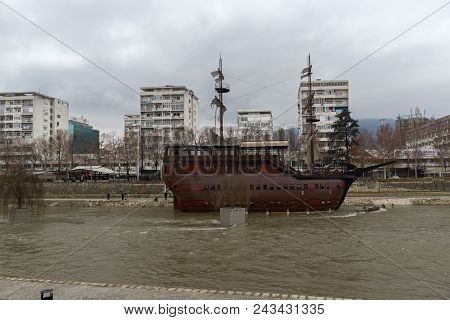 Skopje, Republic Of Macedonia - February 24, 2018: River Vardar Passing Through City Of Skopje Cente