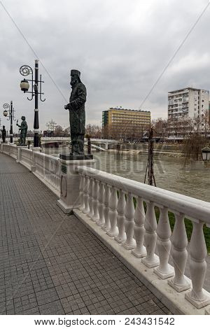 Skopje, Republic Of Macedonia - February 24, 2018: River Vardar Passing Through City Of Skopje Cente