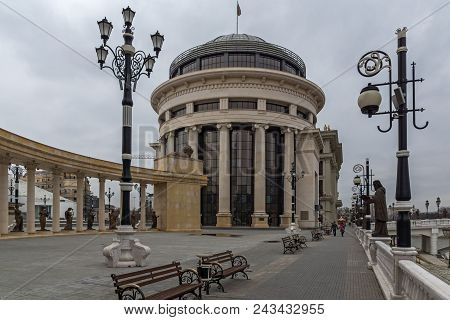 Skopje, Republic Of Macedonia - February 24, 2018: Colonnade Near Vardar Rive In  The Center Of City