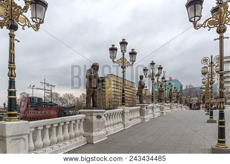 Skopje, Republic Of Macedonia - February 24, 2018:  Art Bridge And Vardar River  In City Of  Skopje,