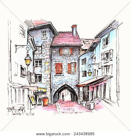 Color Hand Drawing, City View With Gorgeous Medieval Arch Gate Sepulchre Gate On The Street Rue Sain