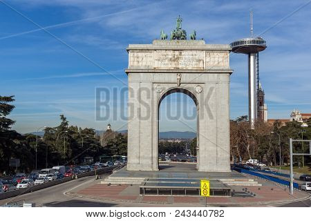 Madrid, Spain - January 23, 2018: Memory Arch And Lighthouse Of Moncloa In City Of Madrid, Spain