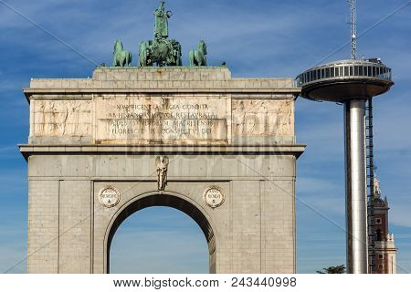 Madrid, Spain - January 23, 2018: Memory Arch And Lighthouse Of Moncloa In City Of Madrid, Spain