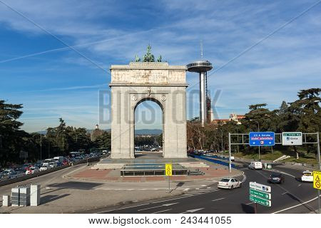 Madrid, Spain - January 23, 2018: Memory Arch And Lighthouse Of Moncloa In City Of Madrid, Spain