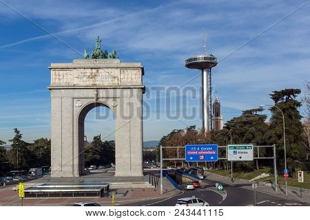 Madrid, Spain - January 23, 2018: Memory Arch And Lighthouse Of Moncloa In City Of Madrid, Spain