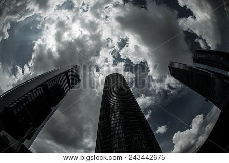MADRID, SPAIN - MAY 11,2018: Four skyscraper tower in Cuatro Torres Business Area on May 11, 2018 in Madrid, Spain.