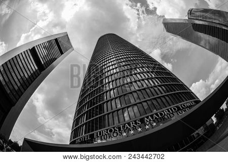 MADRID, SPAIN - MAY 11,2018: Eurostars MAdrid Tower Hotel in Cuatro Torres Business Area on May 11, 2018 in Madrid, Spain.