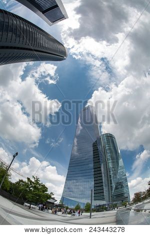 MADRID, SPAIN - MAY 11,2018: Four skyscraper tower in Cuatro Torres Business Area on May 11, 2018 in Madrid, Spain.