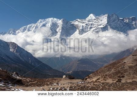 Panoramic View Of Kangtega And Thamserku Mountains From Ama Dablam Base Camp In Sagarmatha National 