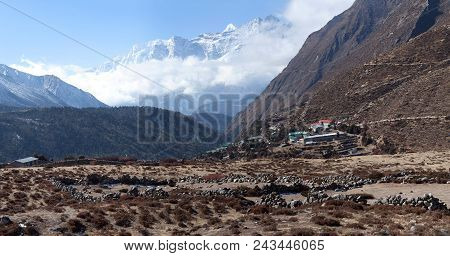 Himalayas Mountain Landscape And Pangboche Village On The Way To Everest Base Camp, Khumbu, Sagarmat
