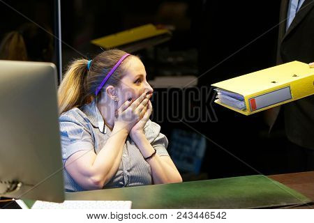 The Boss Gives Pack Of Documents To Busy Manager. Boss Give Extra Work To Executor. Close-up Of Offi
