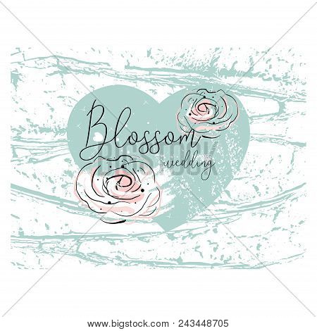 Romantic Border Design With Hand Drawn Abstract Doodle Rose Flower On Pastel Blush Pink Heart Shape 