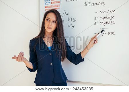 Teacher Near Whiteboard Explains The Rules. Learn Foreign Language
